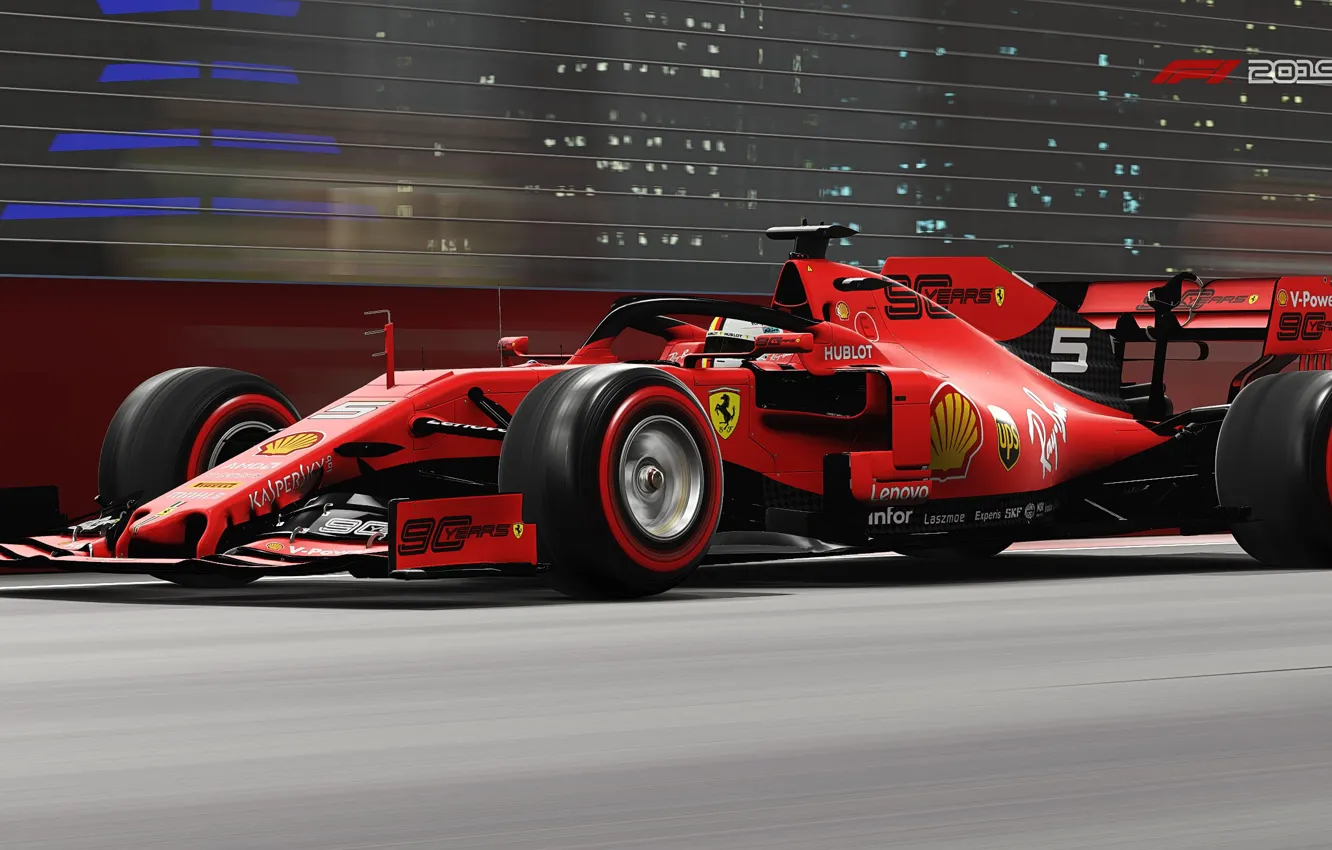 Фото обои скорость, трасса, размытость, гоночный автомобиль, красный цвет, на трассе, Ferrari SF90, F1 2019