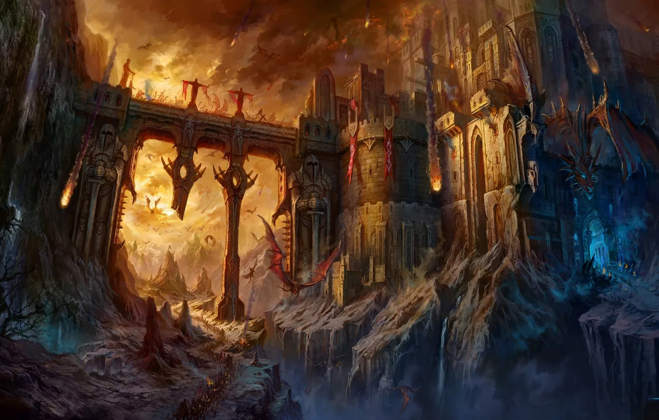 Фото обои мост, замок, огонь, драконы, армия, битва, крепость