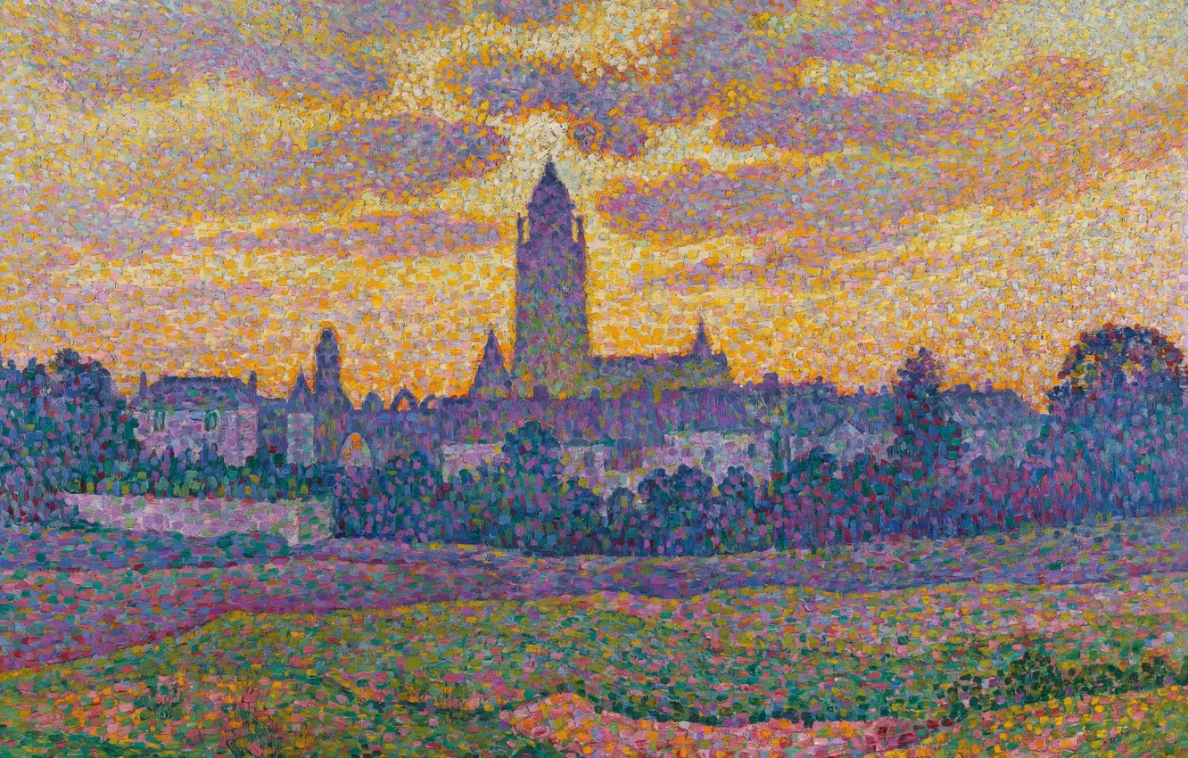 Фото обои пейзаж, картина, пуантилизм, фовизм, Jean Metzinger, Жан Метценже, Башня в Ба. Закат