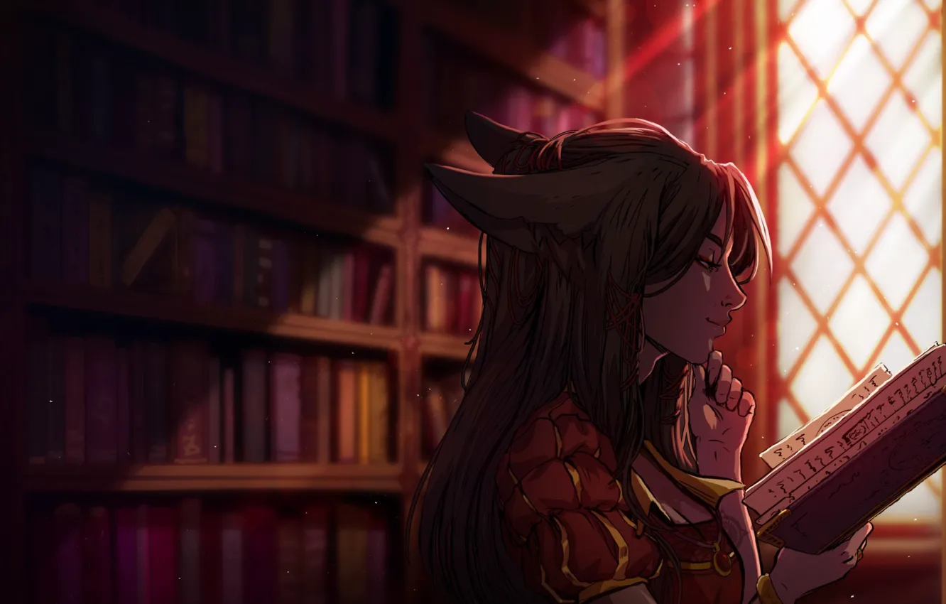 Фото обои интерес, платье, книга, girl, Katrin, art, book, kitsune