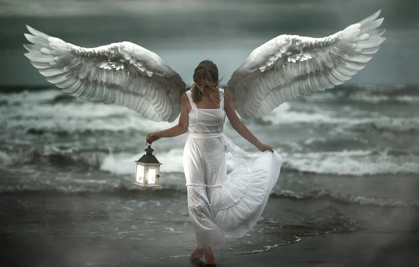 Фото обои море, девушка, берег, ангел
