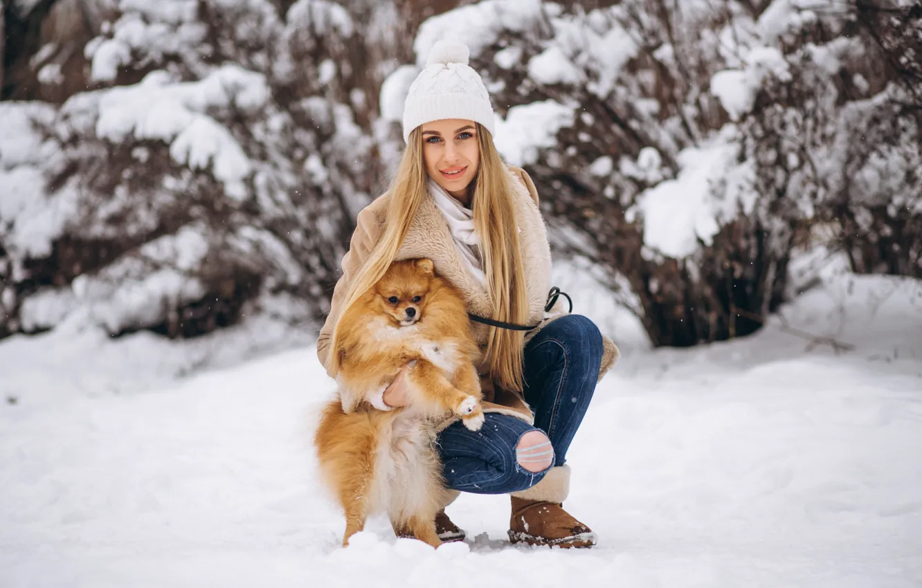 Фото обои зима, снег, природа, Девушка, щенок, прогулка