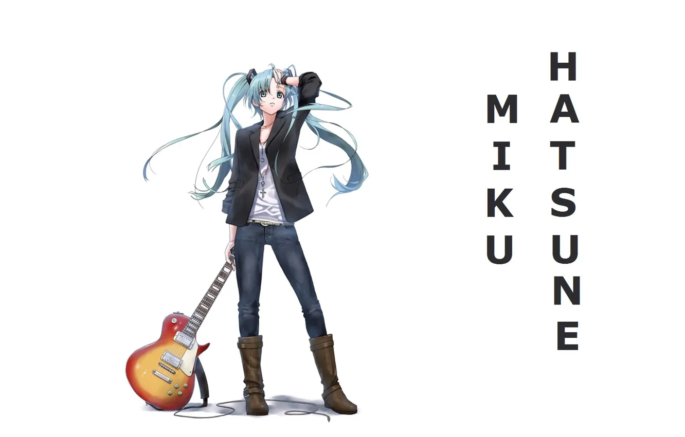 Фото обои гитара, джинсы, сапоги, белый фон, vocaloid, hatsune miku, длинные волосы, вокалоид