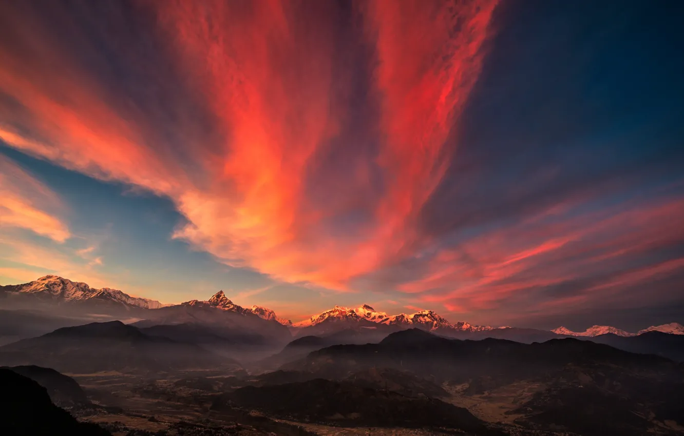 Фото обои горы, рассвет, долина, панорама, тибет