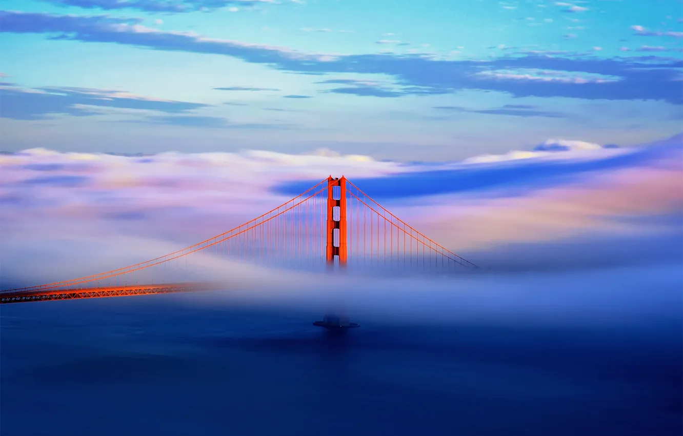 Фото обои небо, облака, мост, город, туман, Калифорния, Сан-Франциско, Золотые Ворота