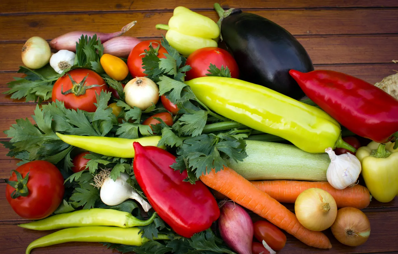 Фото обои зелень, лук, баклажан, перец, овощи, помидоры, морковь, peppers