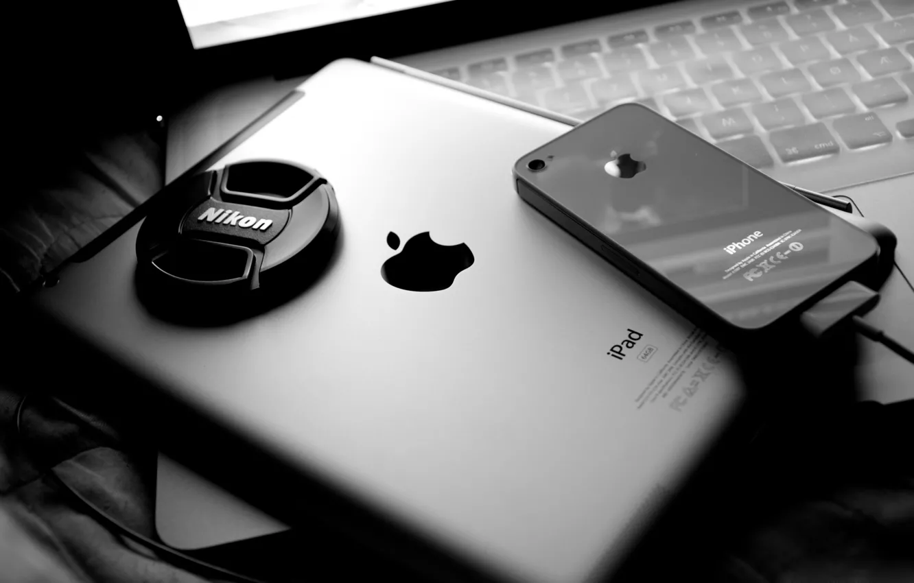 Фото обои apple, телефон, ноутбук, планшет, дисплей, nikon, macbook pro, ipad 2