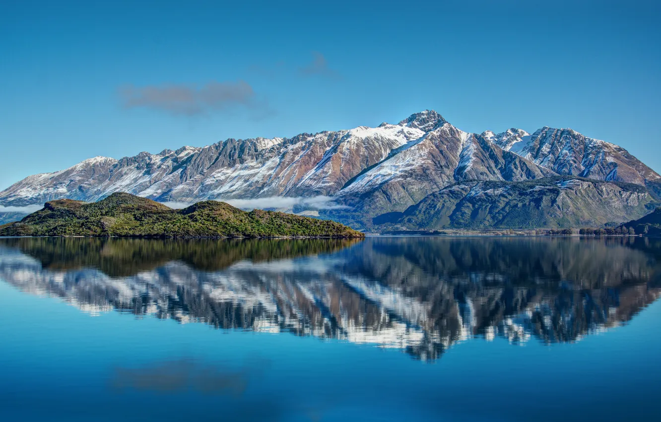 Фото обои горы, озеро, отражение, остров