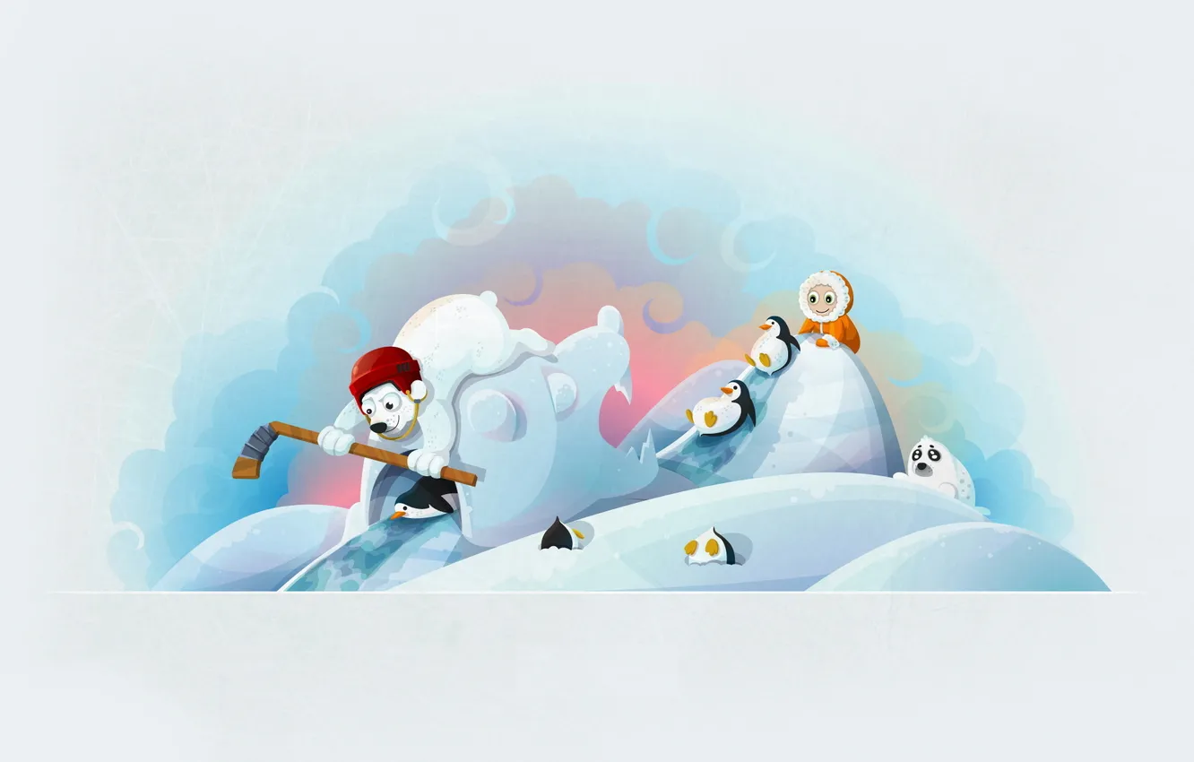 Фото обои зима, тюлень, медведь, мишка, пингвин, клюшка, хоккей, ребёнок
