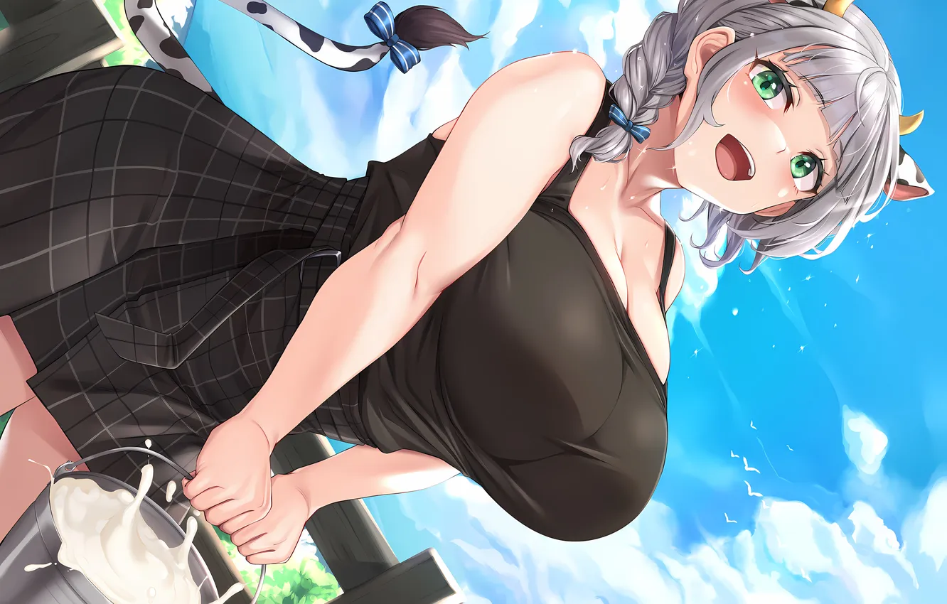 Фото обои girl, cleavage, horns, sky, green eyes, boobs, animal ears, anime