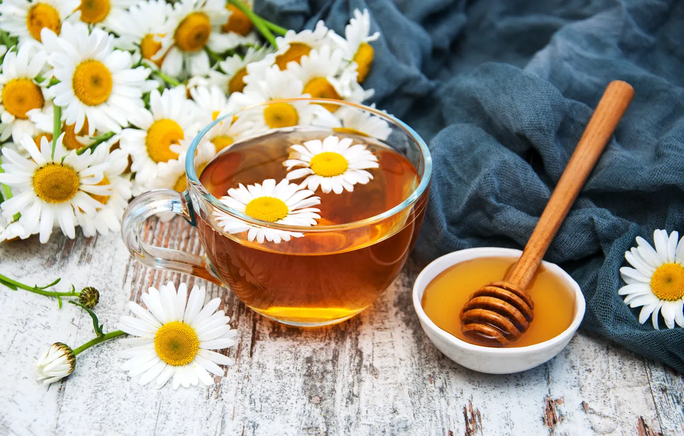 Фото обои цветы, чай, ромашка, мед, чашка, душистый