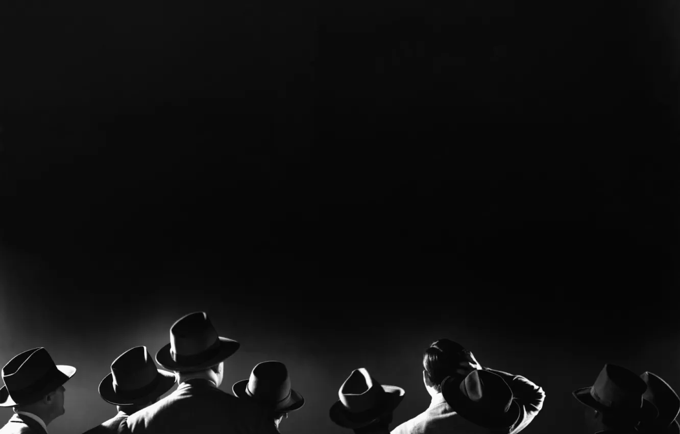 Фото обои толпа, нуар, черно-белое фото, 20 век, мужчины в шляпах