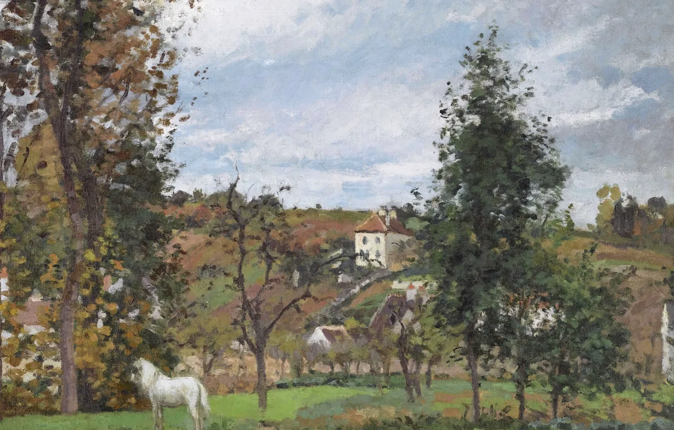 Фото обои деревья, дом, картина, Камиль Писсарро, Пейзаж с Белой Лошадью на Лугу. Эрмитаж