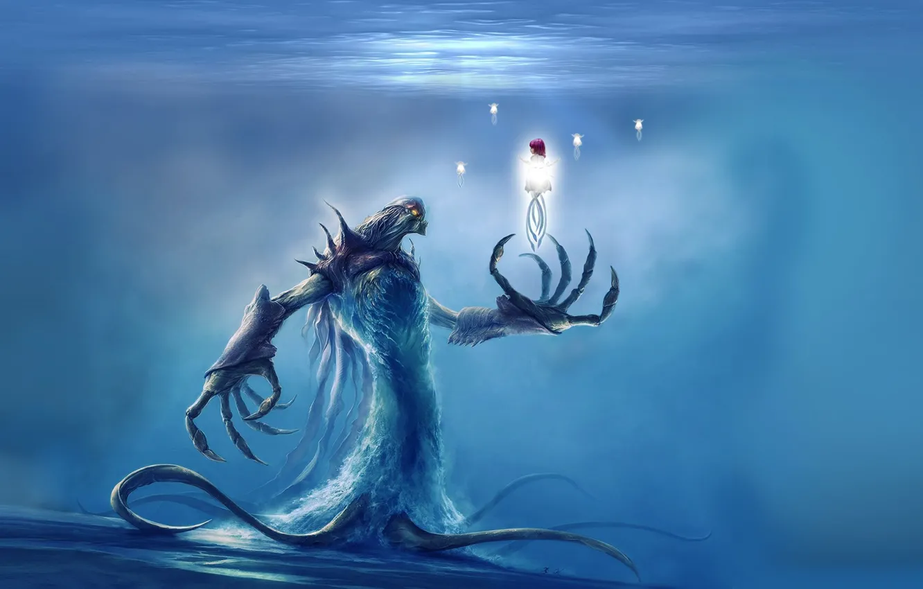 Фото обои fantasy, Monster, underwater, artwork, fantasy art, creature, water spirit