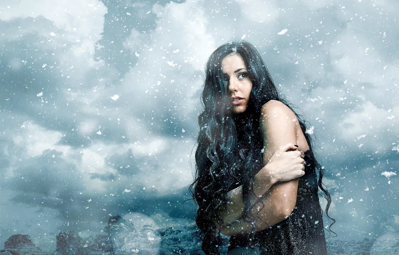 Фото обои зима, девушка, снег, снежинки, ветер, холодно