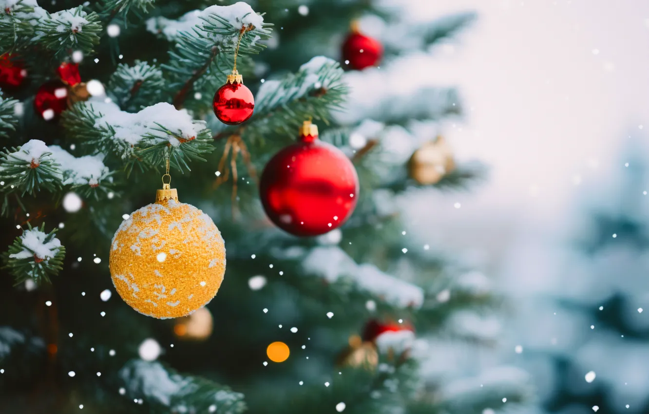 Фото обои украшения, снежинки, фон, шары, елка, Новый Год, Рождество, red