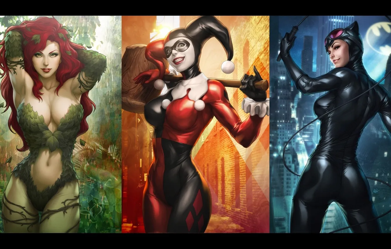 Фото обои DC Comics, Catwoman, Harley Quinn, Poison Ivy