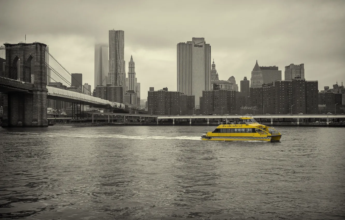 Фото обои река, дома, такси, New York, cityscape