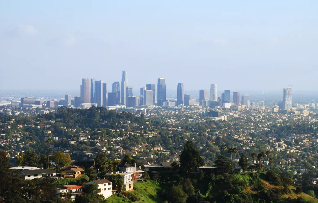 Фото обои деревья, парк, дома, небоскребы, мегаполис, Los Angeles, Downtown