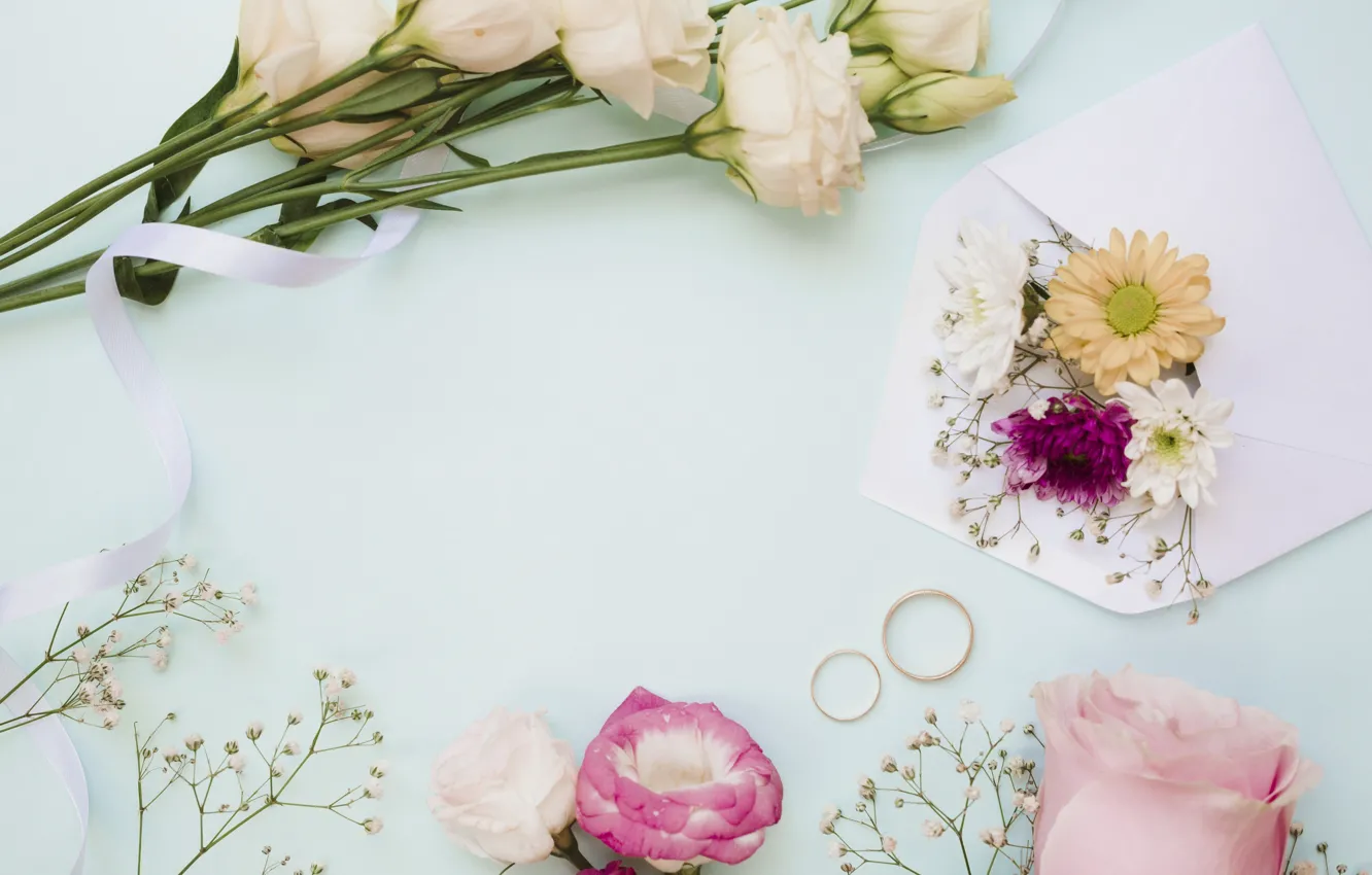 Фото обои цветы, розы, букет, кольца, pink, flowers, roses, wedding