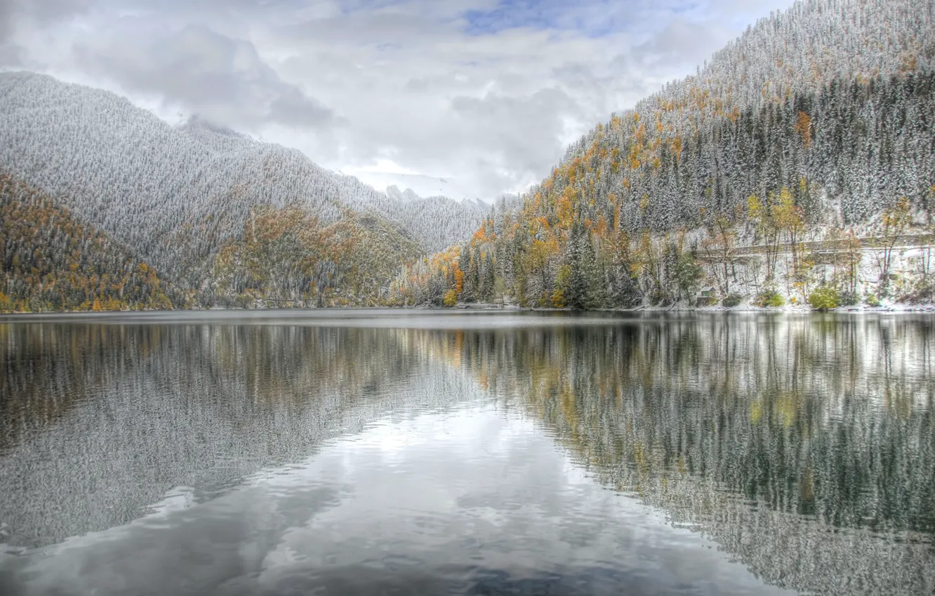 Фото обои зима, горы, озеро, Абхазия, Рица