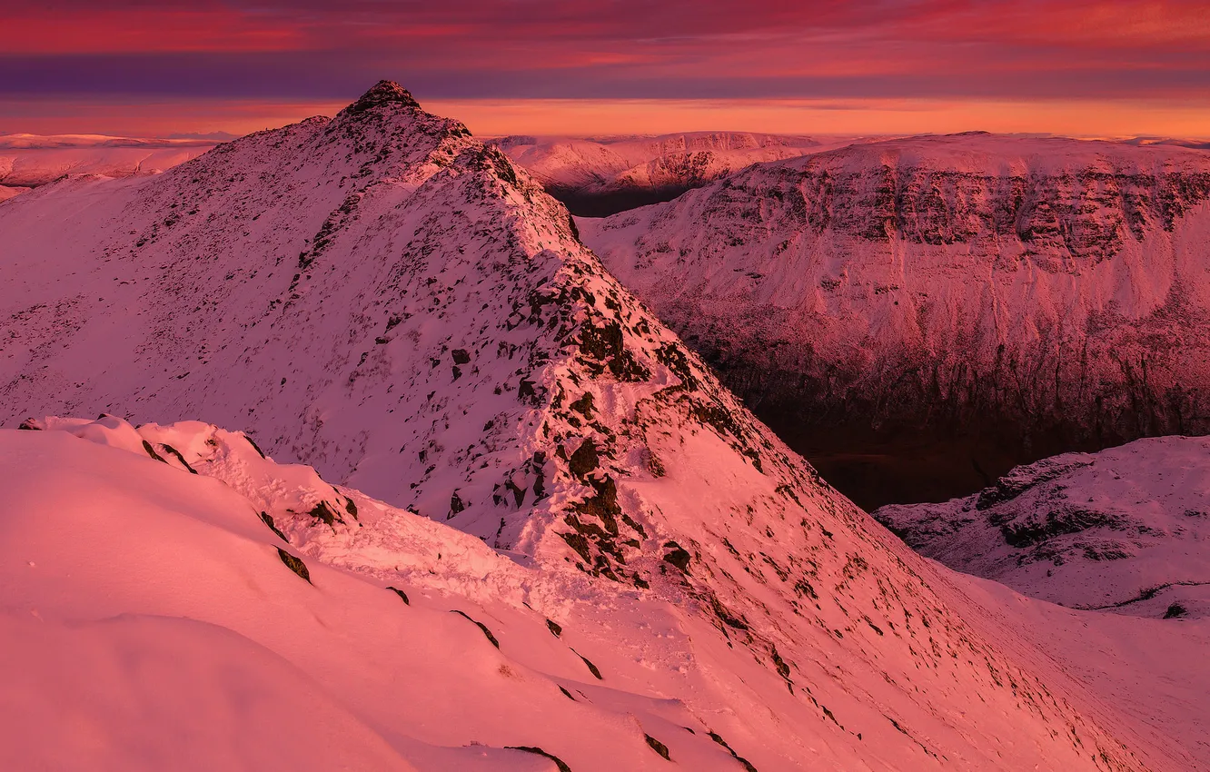 Фото обои зима, закат, горы, Winter Sunset