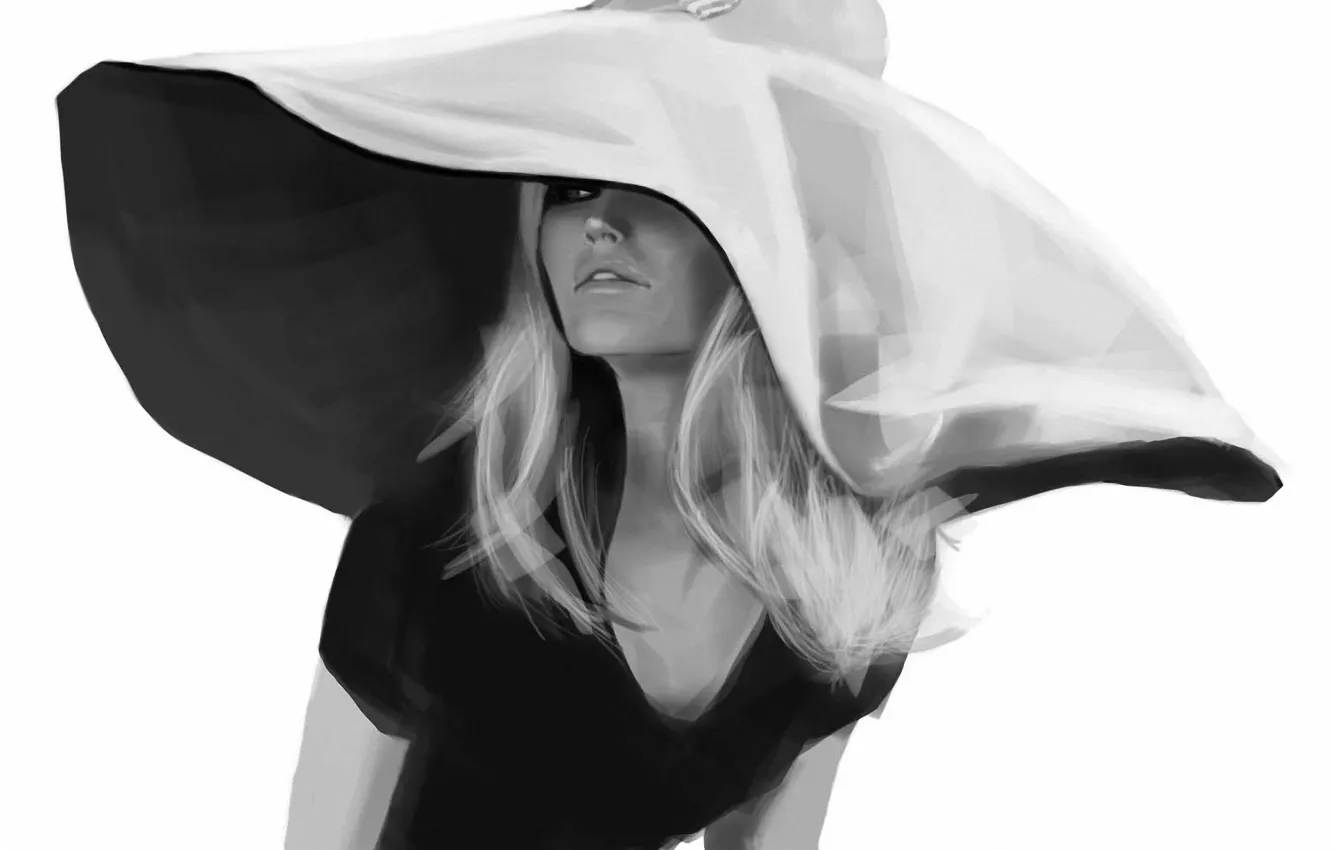 Фото обои девушка, рисунок, шляпа, черно-белое, монохромное, Brigitte Bardot