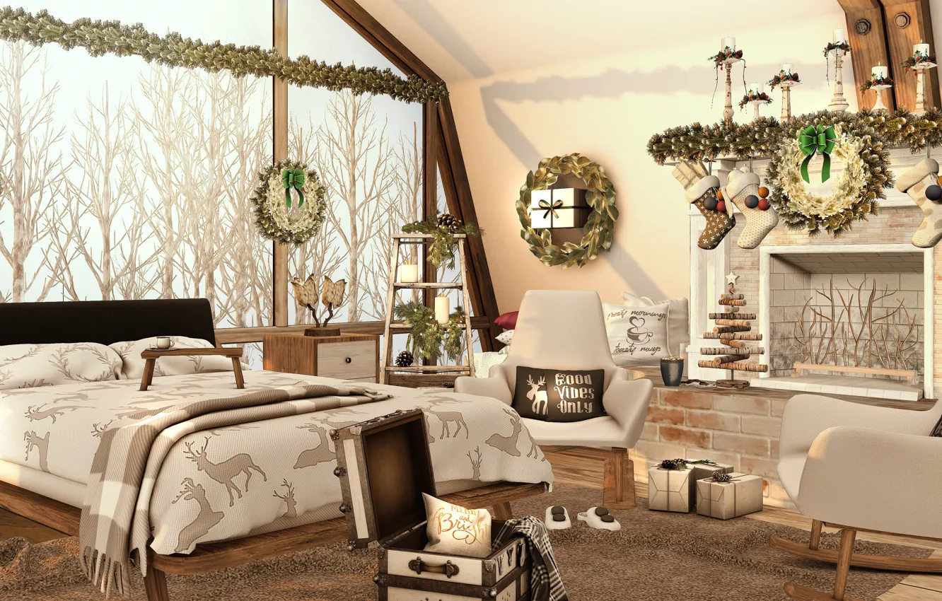Фото обои деревья, дизайн, комната, кровать, окно, christmas, trees, winter