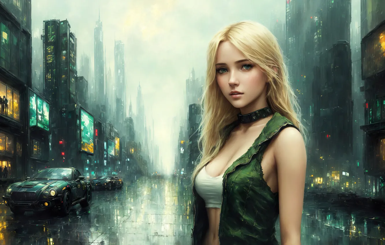 Фото обои girl, fantasy, art, street, painting, dystopia, blond, digital art