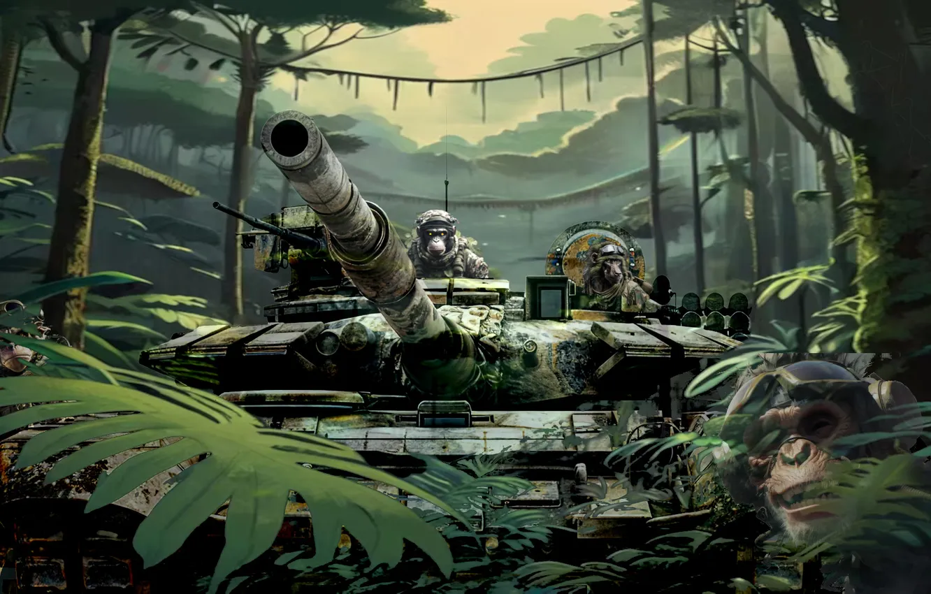 Фото обои monkey, weapon, jungle, warfare, tank, helmet, camouflage