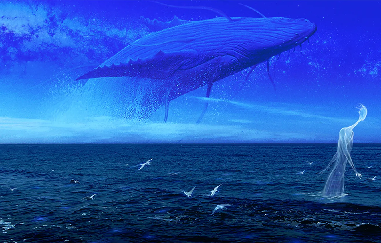 Фото обои море, небо, вода, облака, птицы, фантастика, арт, кит