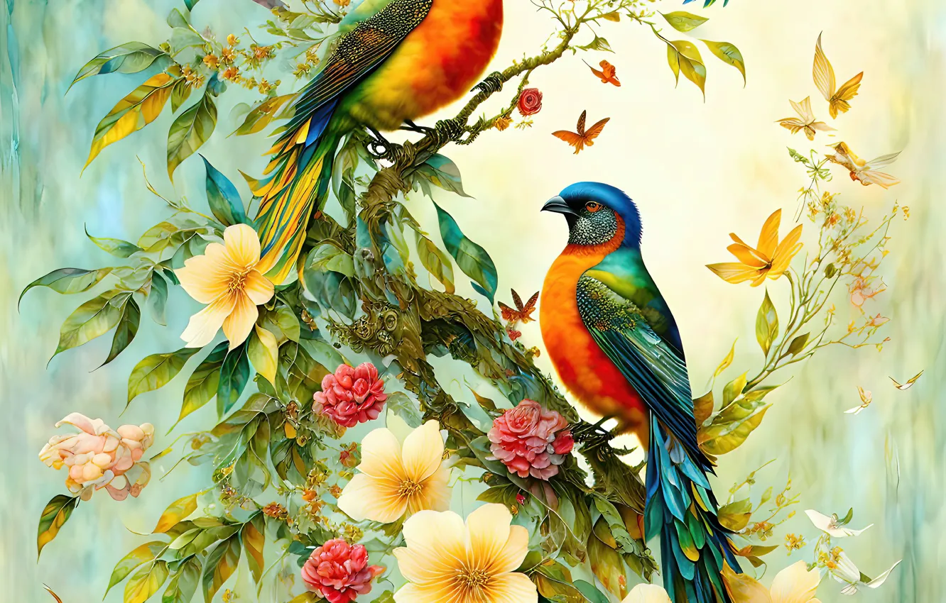 Фото обои цветы, птицы, ветки, птица, графика, арт, цифровая живопись, диджитал арт
