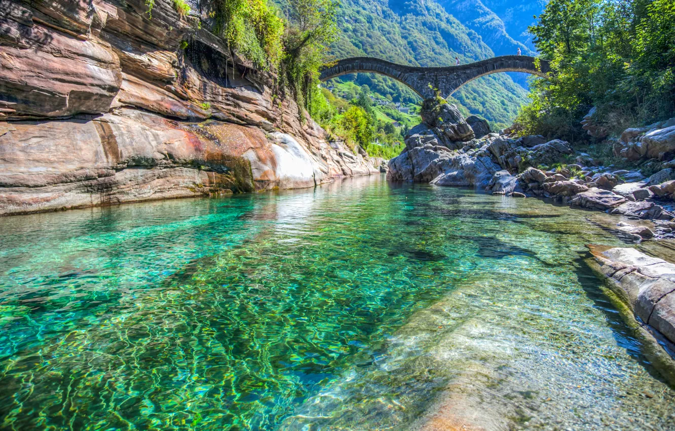 Фото обои мост, река, Швейцария, Switzerland, Locarno, Lavertezzo, Valle Verzasca