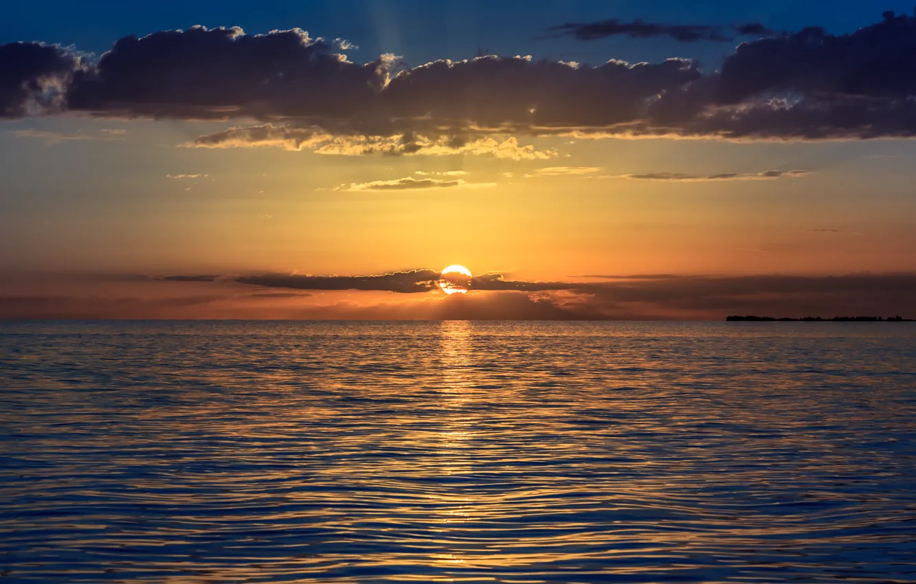 Фото обои море, небо, солнце, облака, закат, оранжевый, Вечер