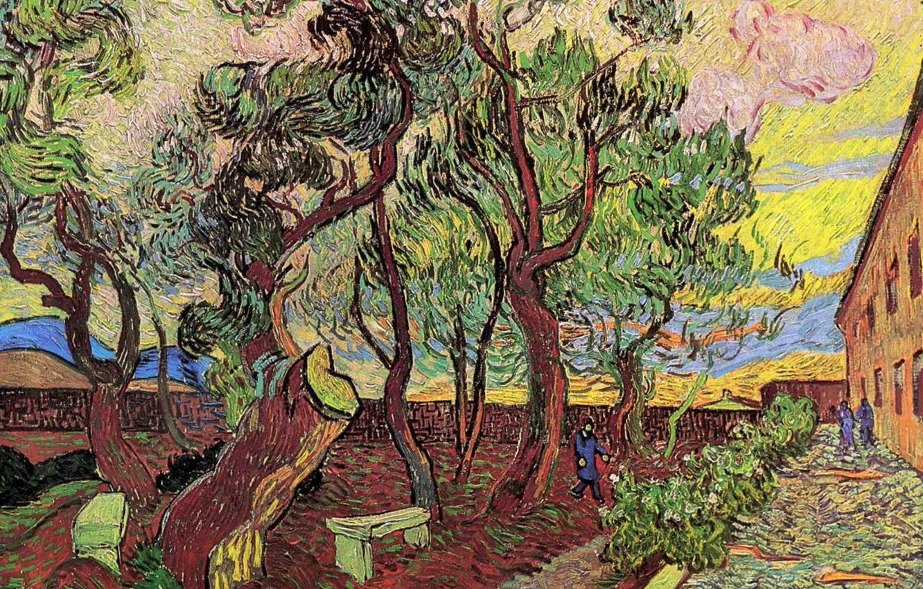 Фото обои деревья, люди, лавочка, Винсент ван Гог, Hospital 4, The Garden of Saint-Paul