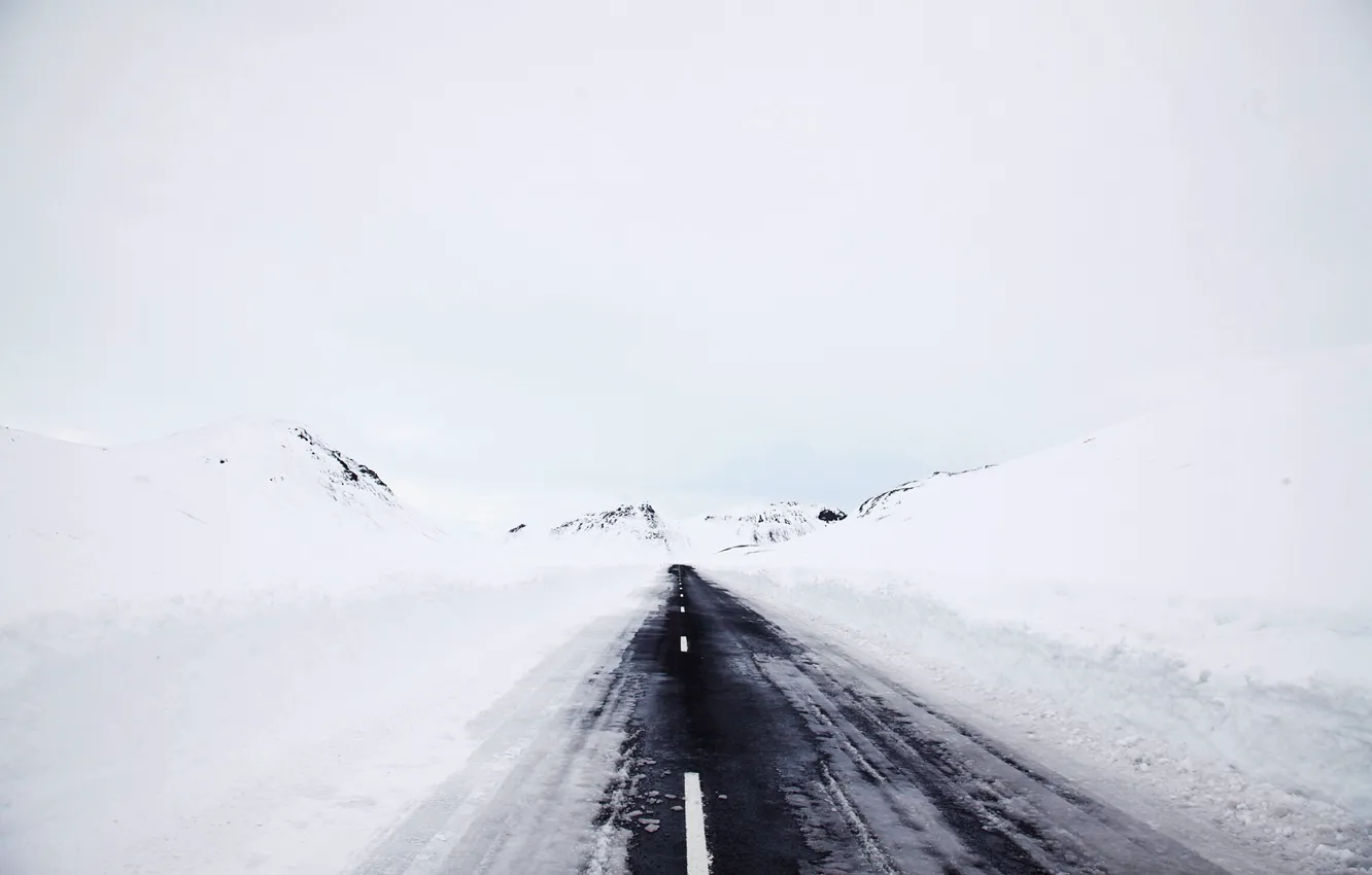 Фото обои зима, дорога, снег, туман