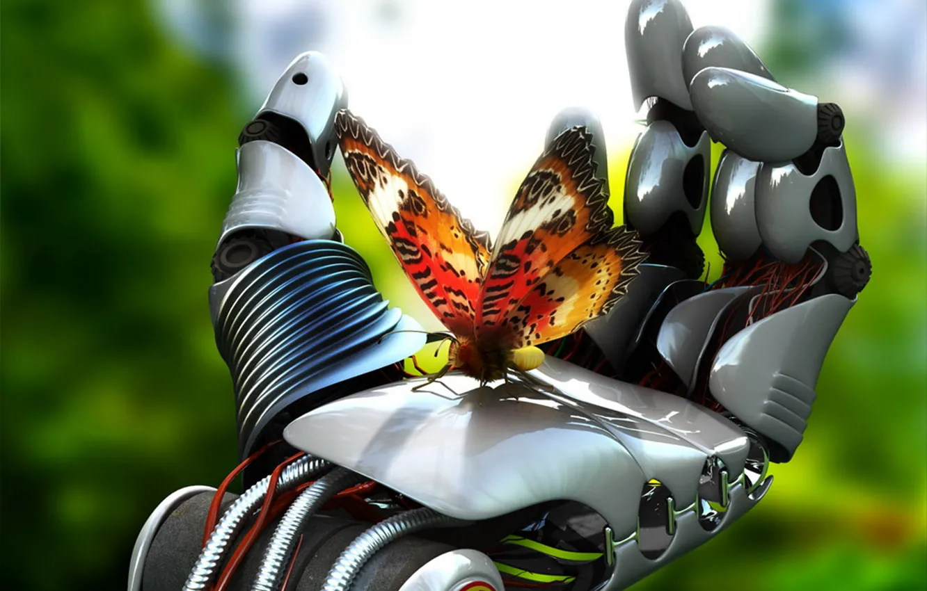 Фото обои бабочка, механизм, робот, рука