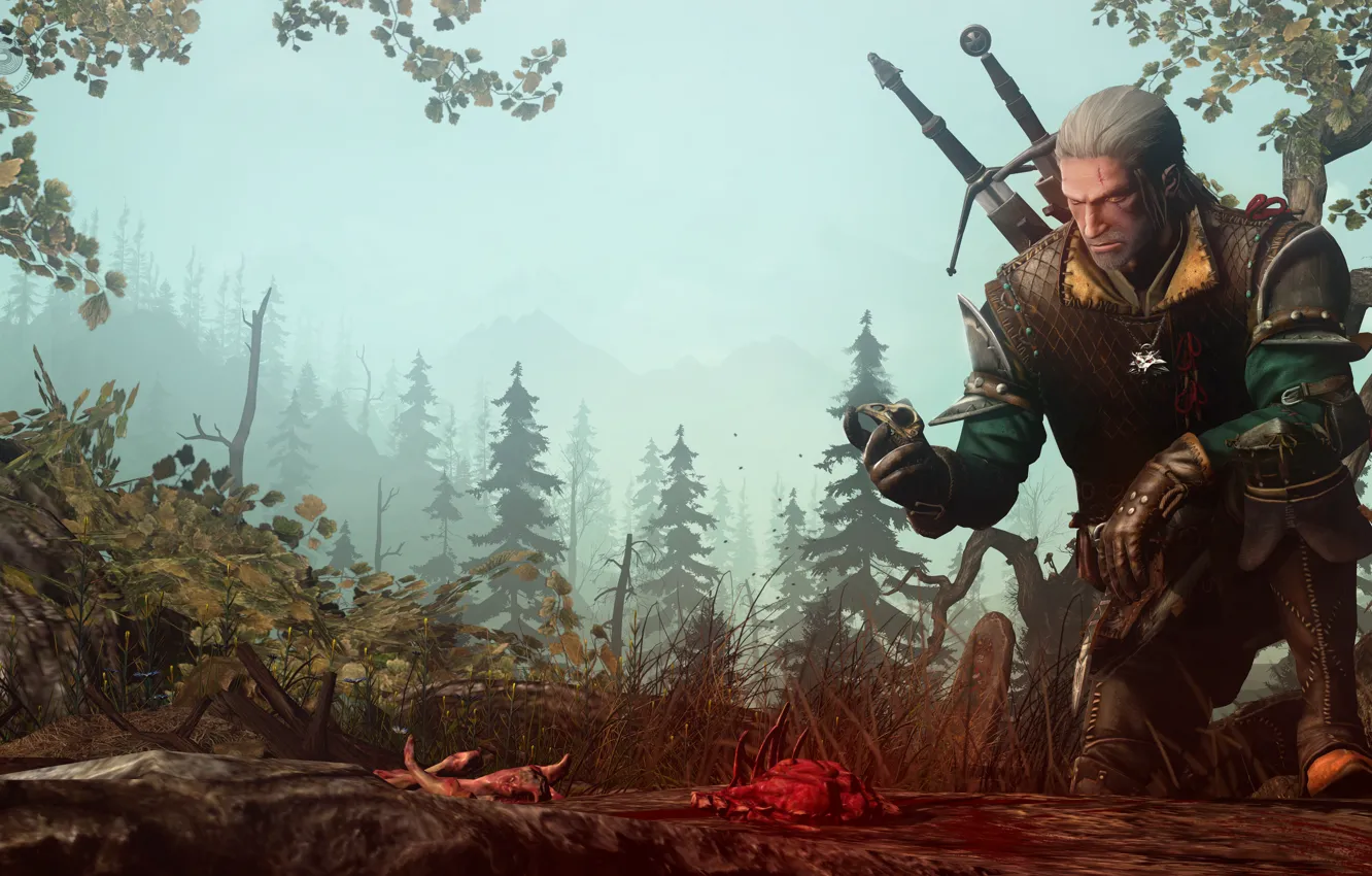 Фото обои лес, оружие, останки, воин, The Witcher, Geralt of Rivia