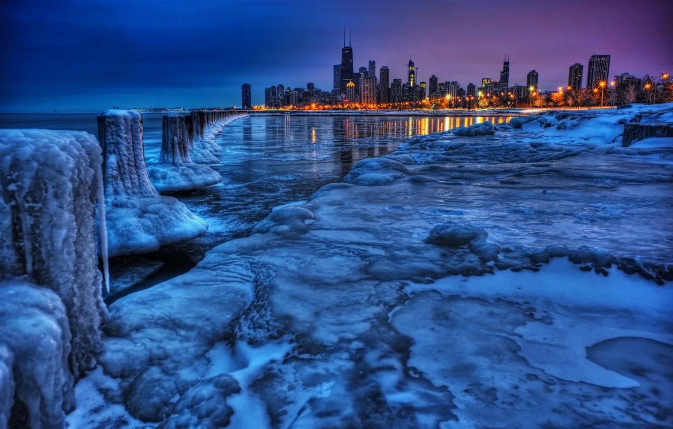 Фото обои зима, пейзаж, город, вид, лёд