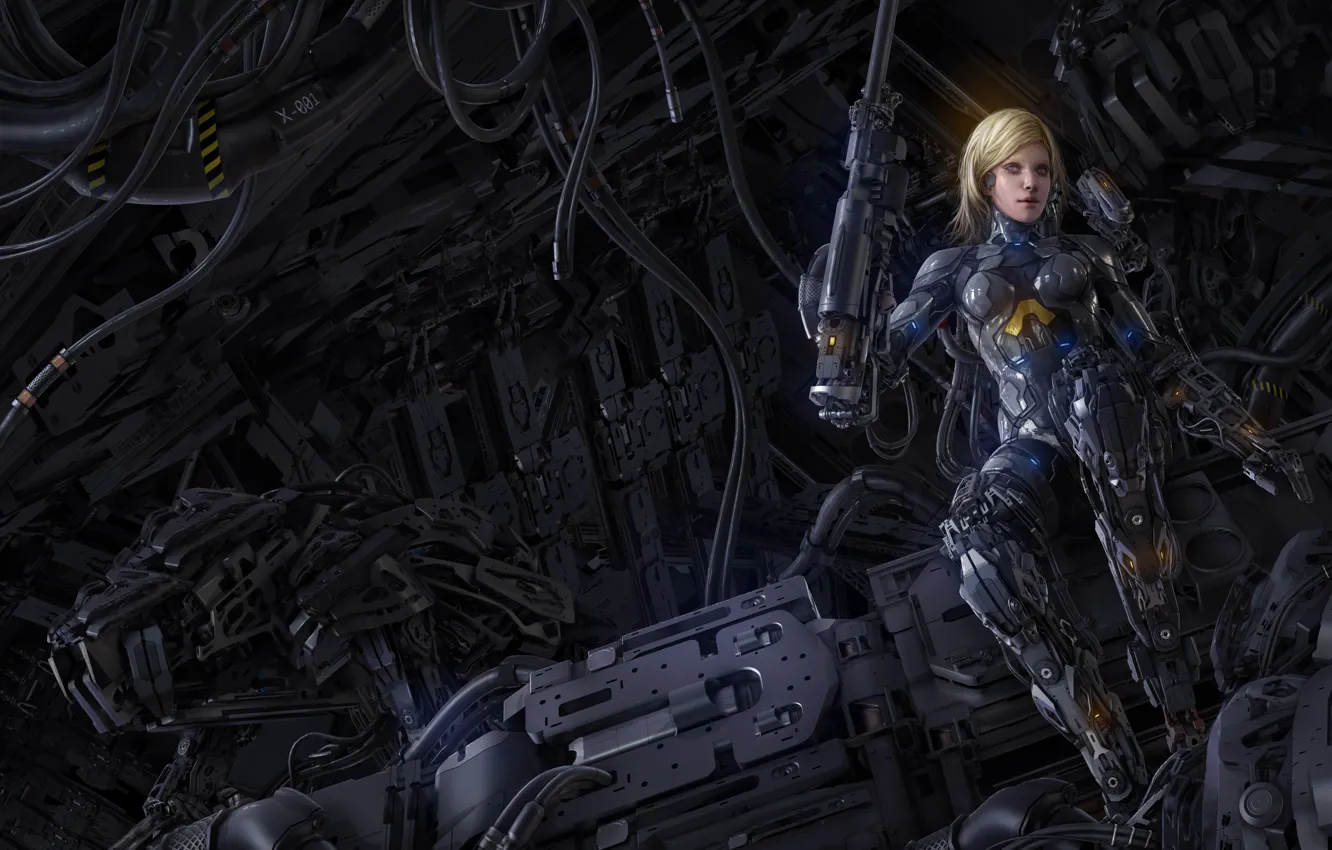 Фото обои девушка, оружие, фантастика, робот, арт, блондинка, киборг, механизмы