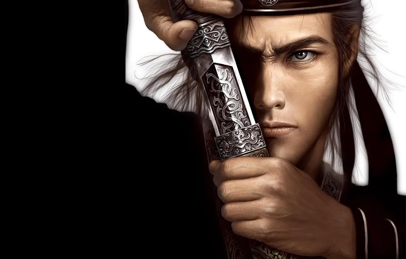 Фото обои взгляд, меч, воин, самурай, мужчина, клинок