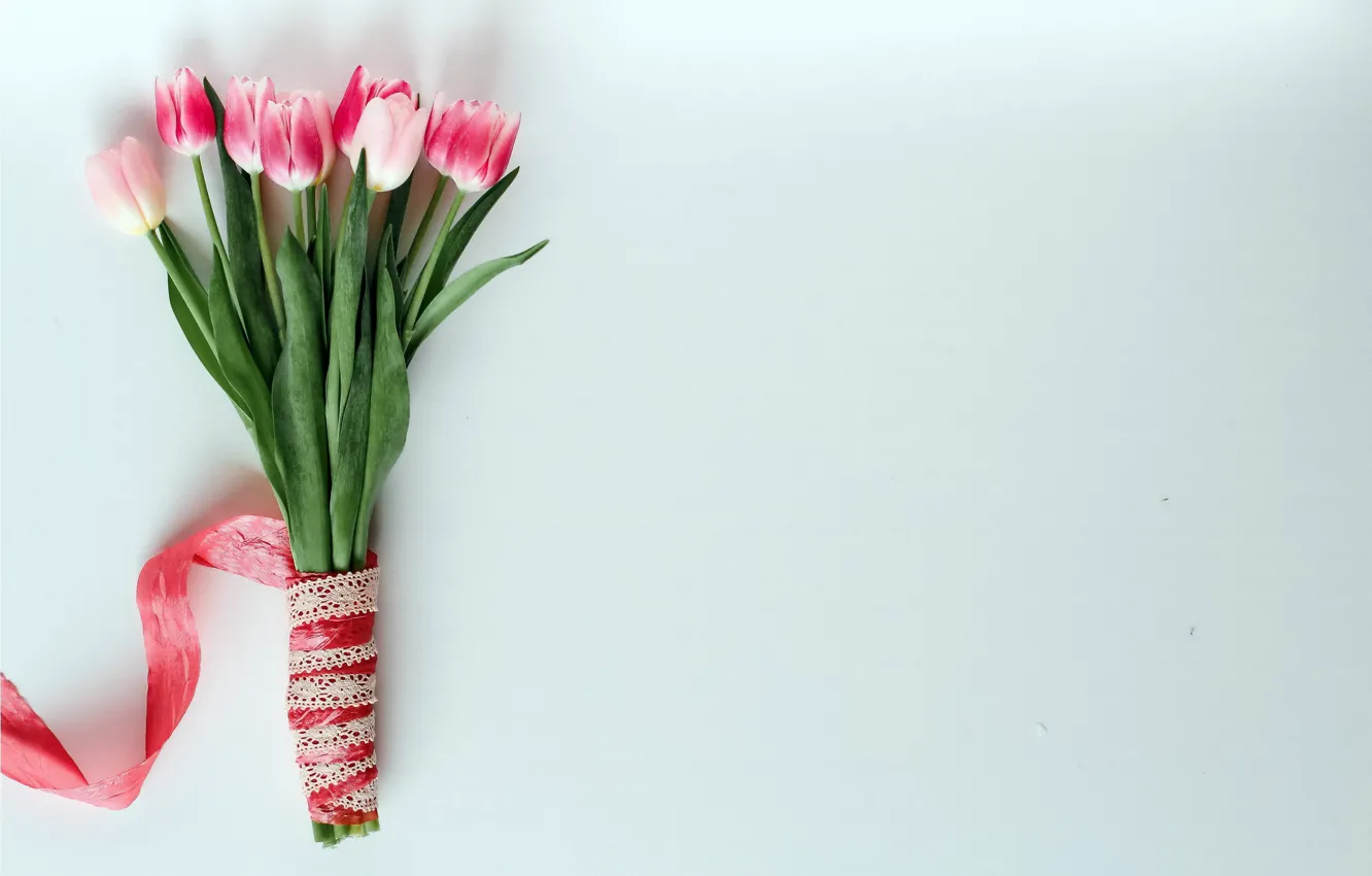Фото обои цветы, букет, лента, тюльпаны, розовые, pink, romantic, tulips