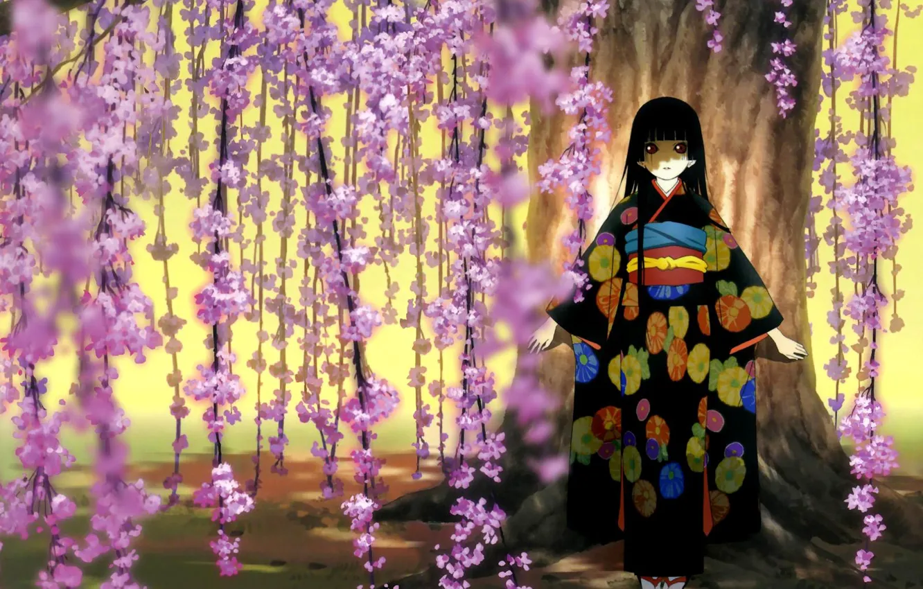 Фото обои сакура, девочка, кимоно