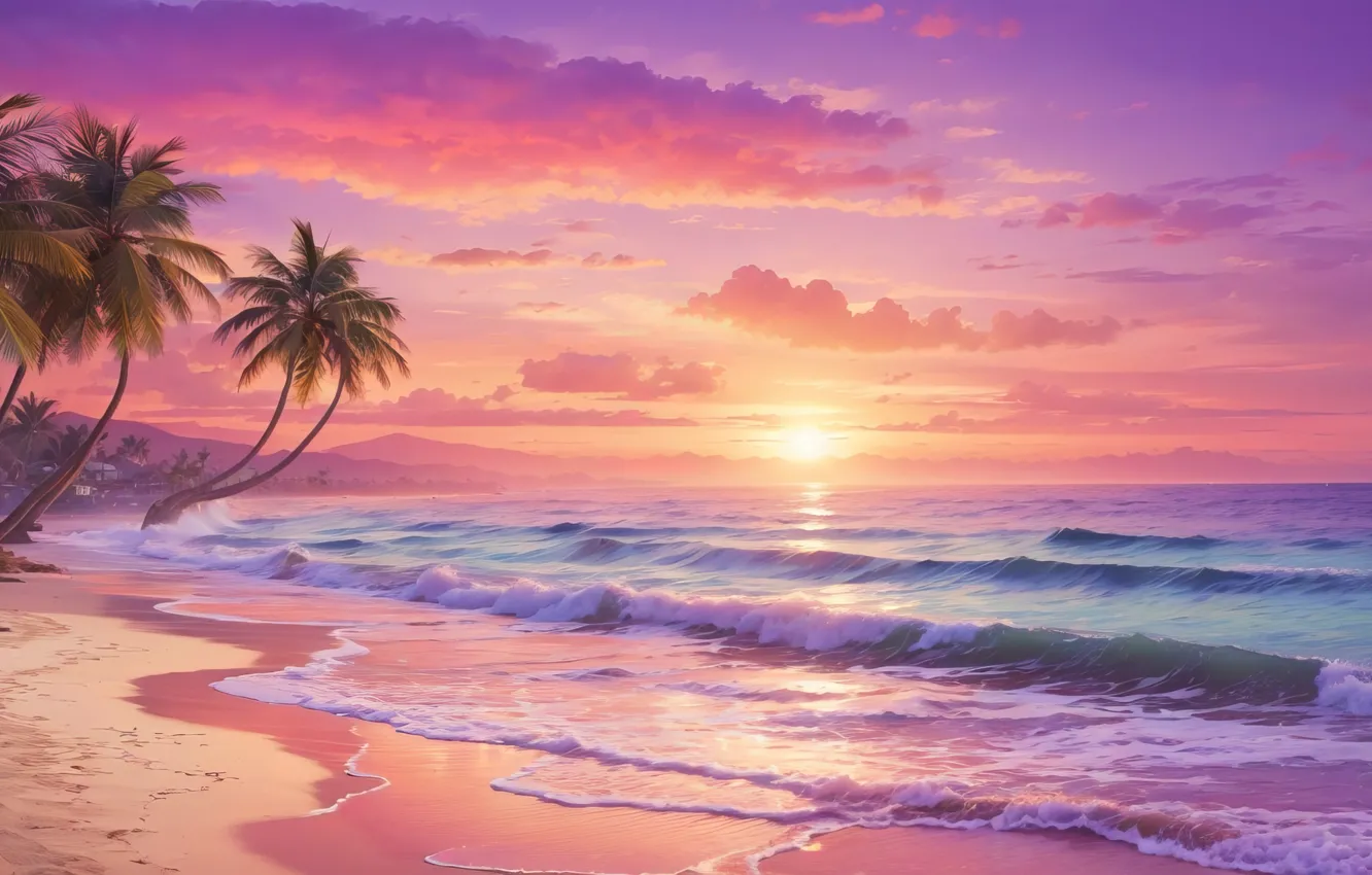 Фото обои Beach, Sunset, Ocean, Scenic, Palm Trees