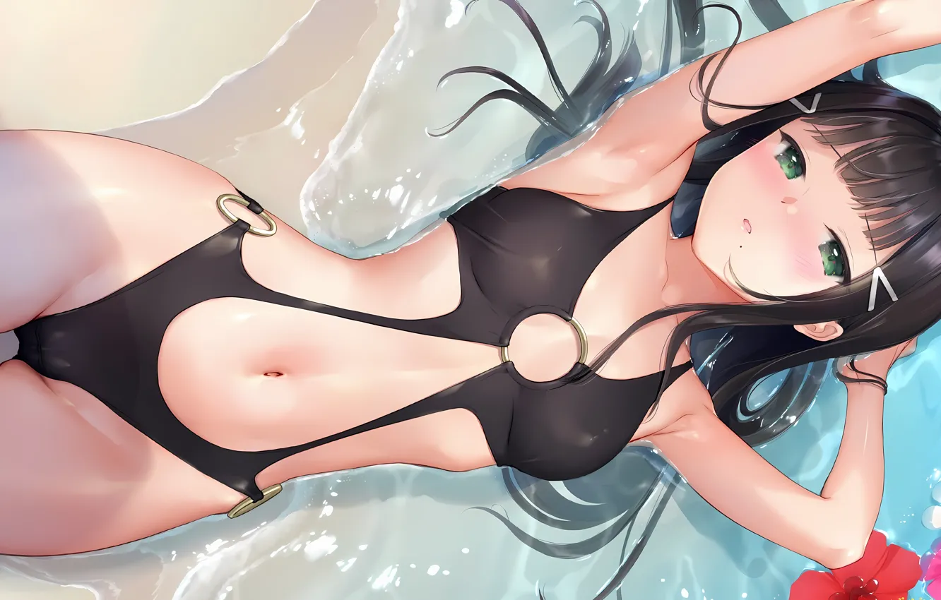 Фото обои girl, sexy, cleavage, green eyes, long hair, sea, boobs, anime
