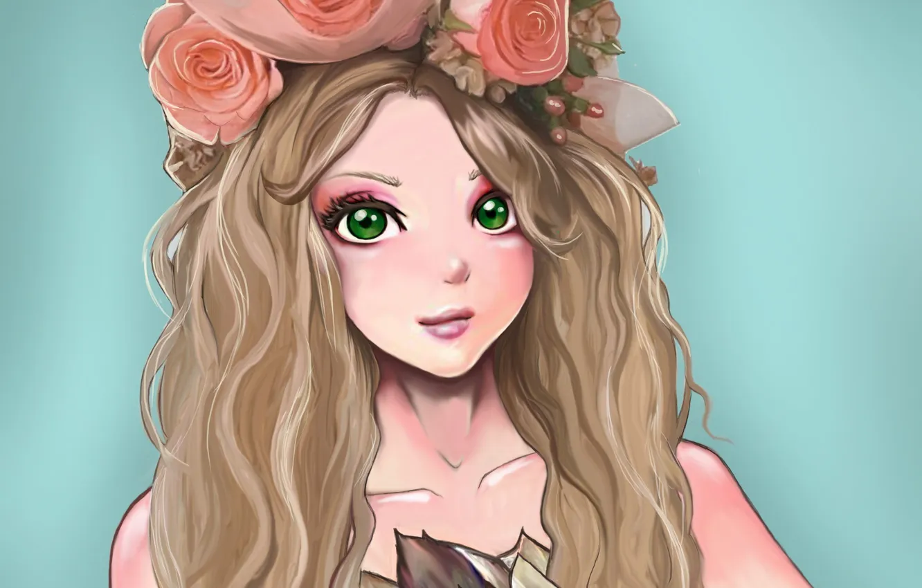 Фото обои взгляд, девушка, цветы, лицо, фон, волосы, розы, арт