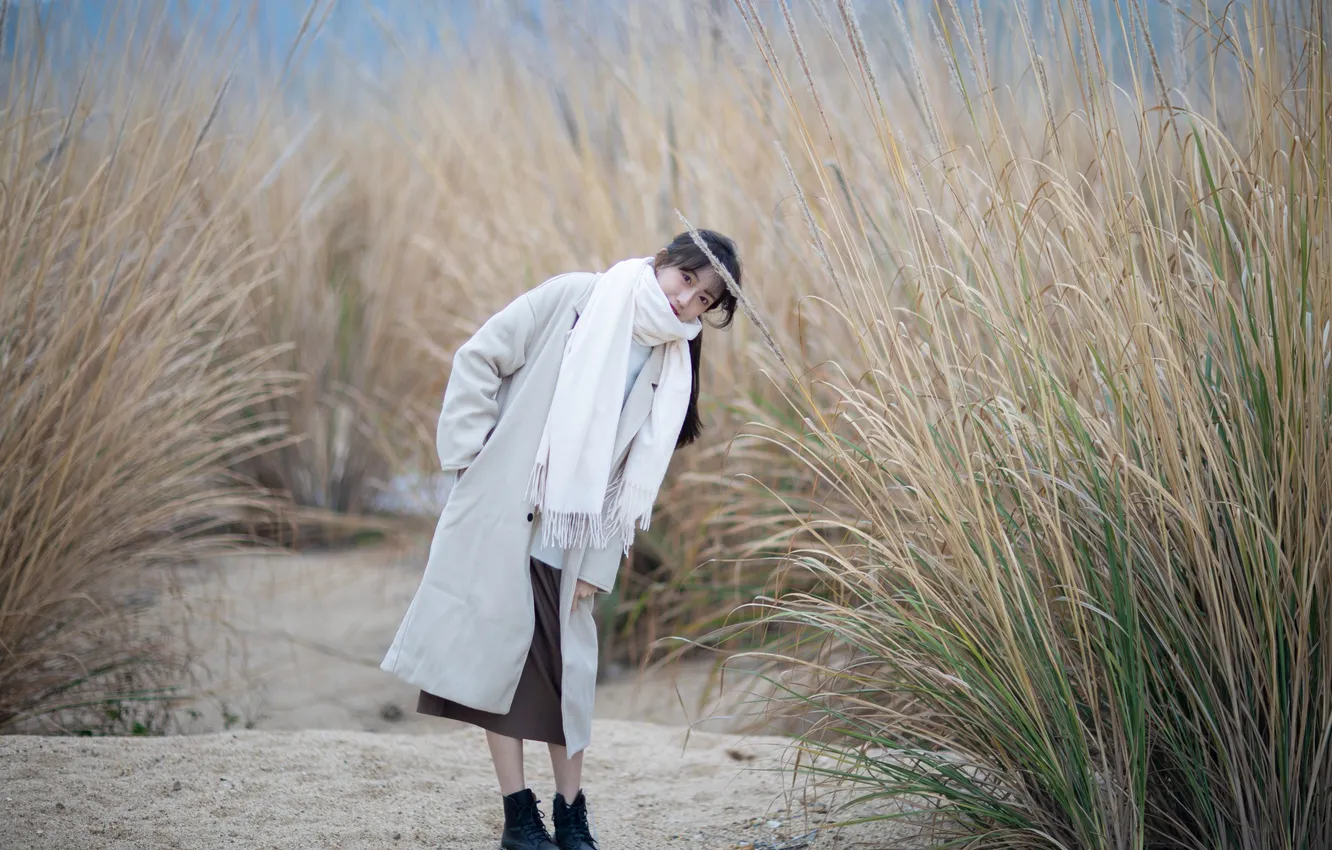 Фото обои Grass, Beautiful, Asian, Model, Smile, Woman, Cute, Jacket