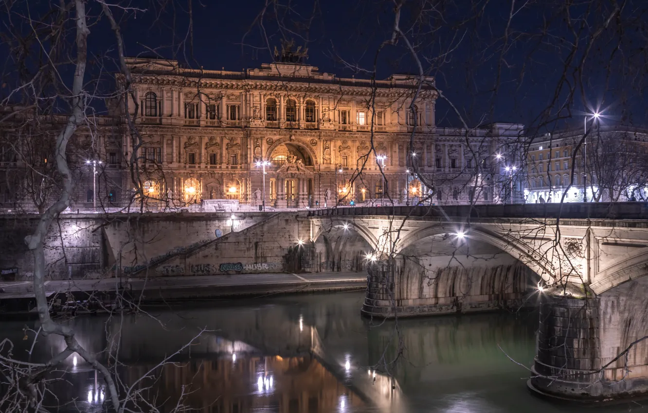 Фото обои ночь, мост, город, река, освещение, Рим, фонари, Италия