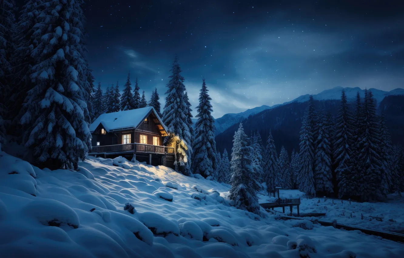 Фото обои зима, лес, снег, горы, ночь, природа, домик, house