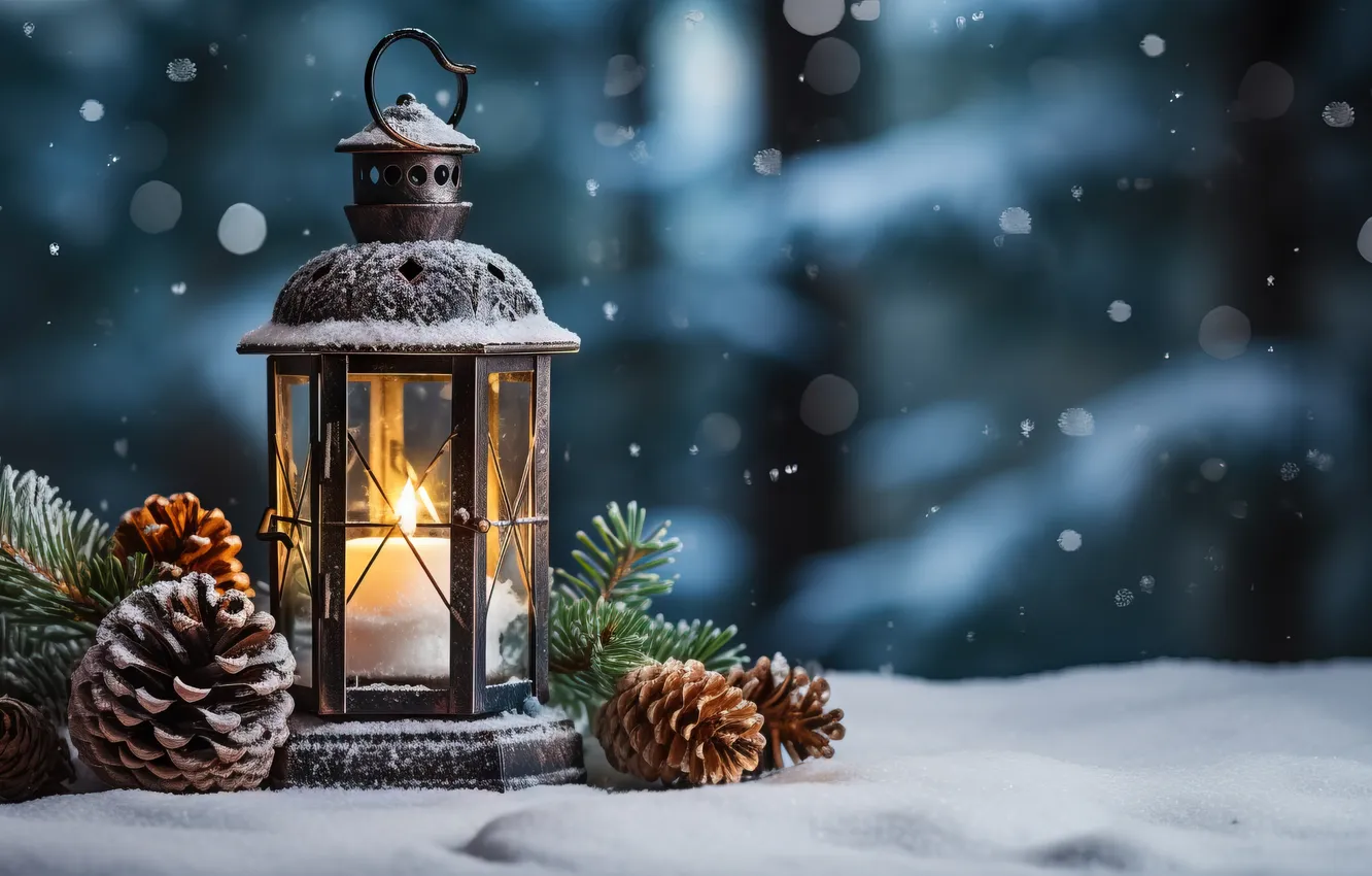 Фото обои зима, снег, ночь, Рождество, фонарь, Новый год, Christmas, night